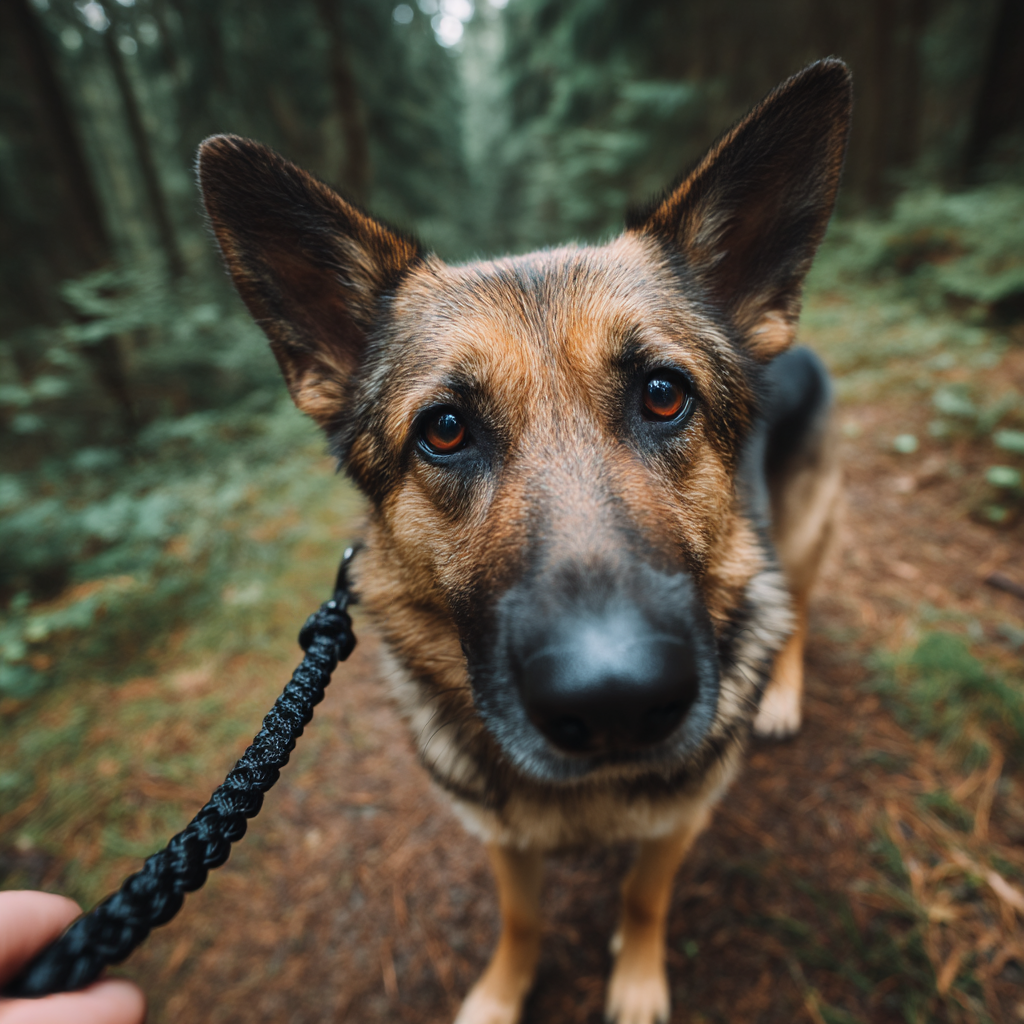 German Shepherd on a leash in a forest